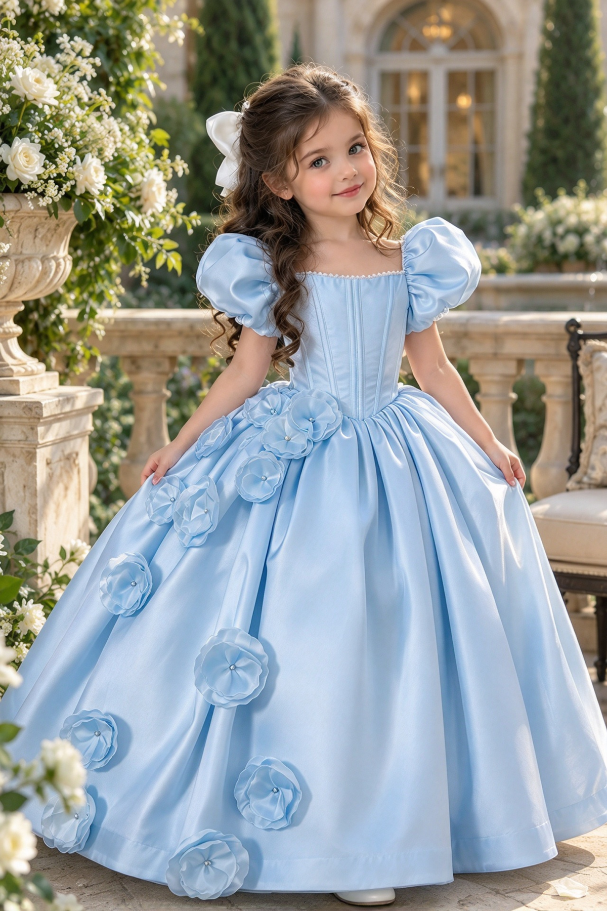 White Satin Puff Sleeve Square Neck 3D Floral A-Line Dress