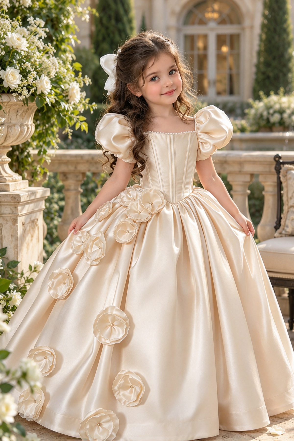 White Satin Puff Sleeve Square Neck 3D Floral A-Line Dress