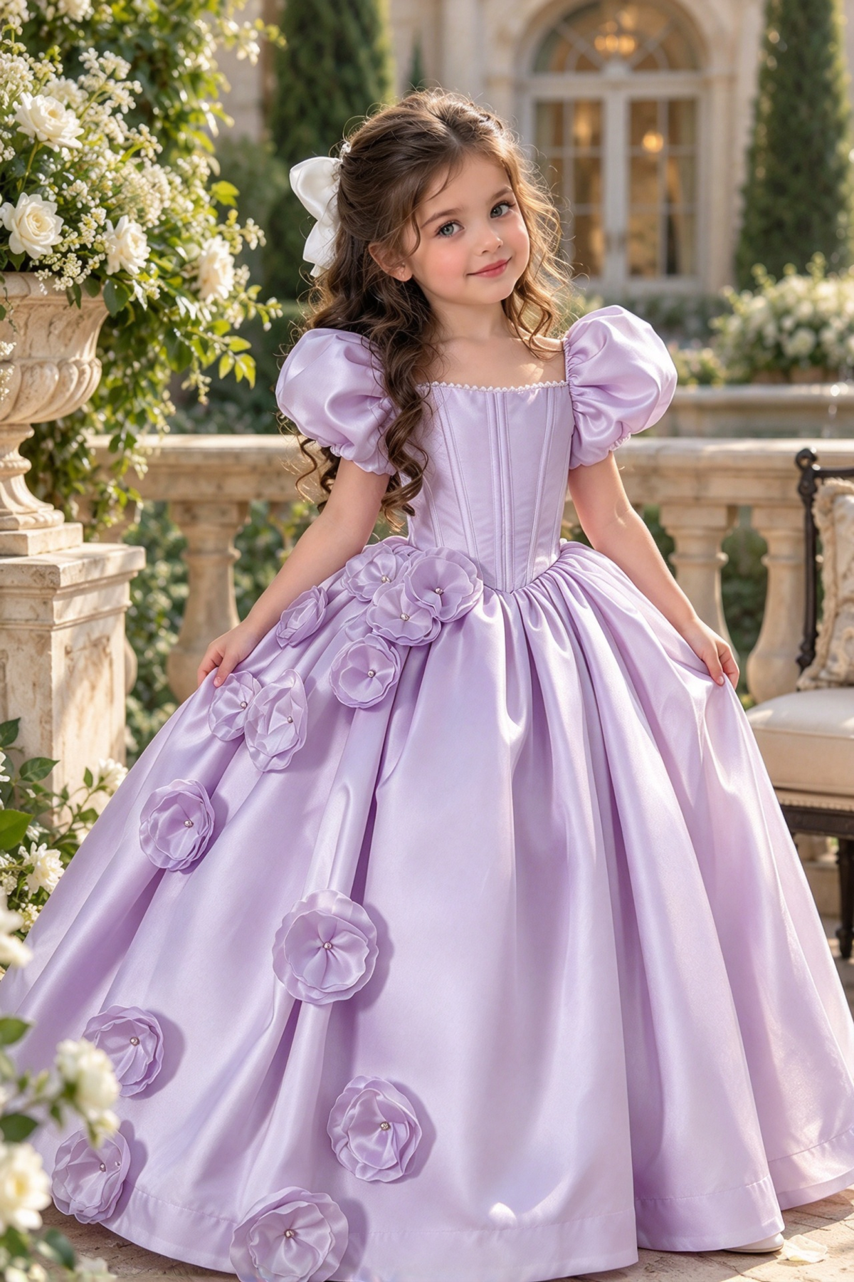 White Satin Puff Sleeve Square Neck 3D Floral A-Line Dress