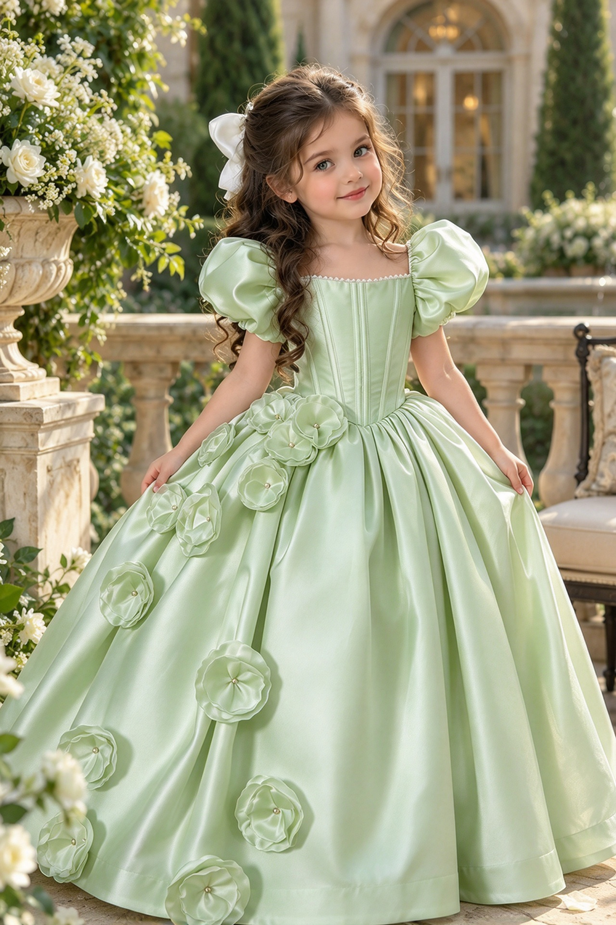 White Satin Puff Sleeve Square Neck 3D Floral A-Line Dress