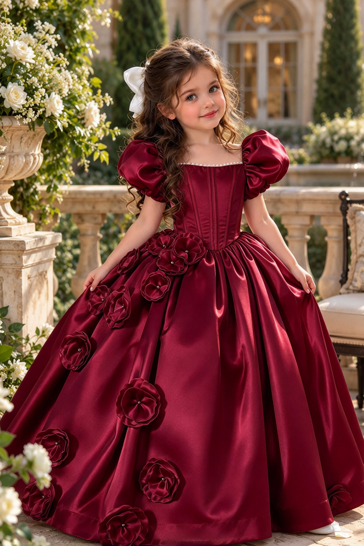 White Satin Puff Sleeve Square Neck 3D Floral A-Line Dress