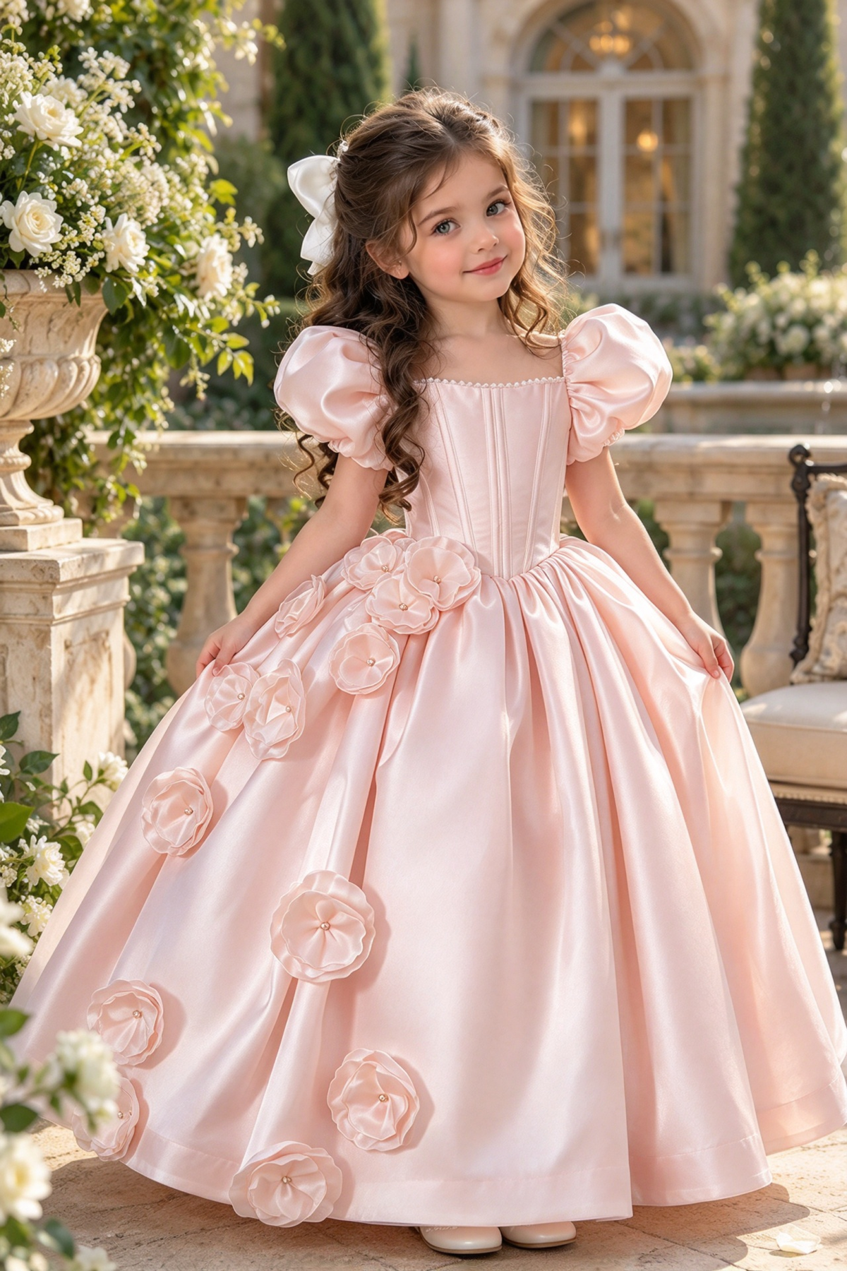 White Satin Puff Sleeve Square Neck 3D Floral A-Line Dress