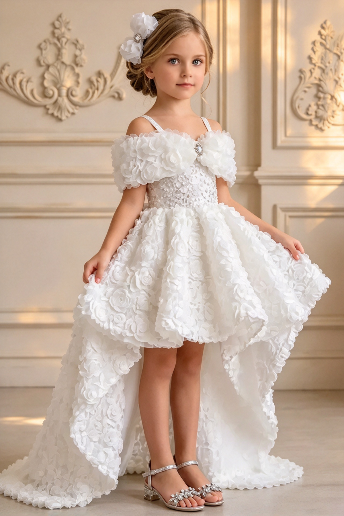 Ivory 3D Rose Off Shoulder Sequin High Low A-Line Dress