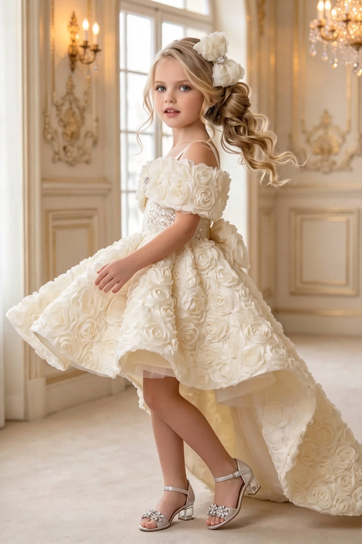 Ivory 3D Rose Off Shoulder Sequin High Low A-Line Dress