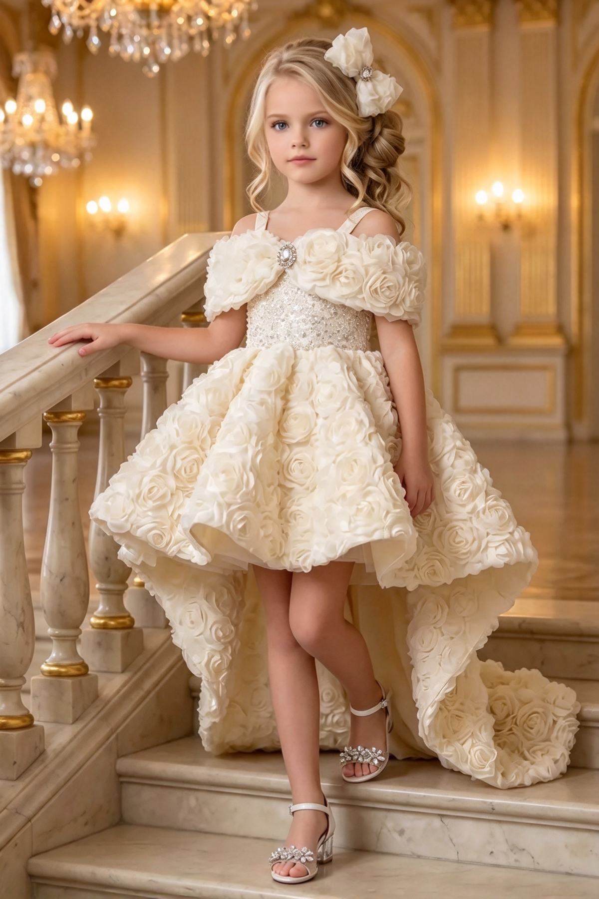 Ivory 3D Rose Off Shoulder Sequin High Low A-Line Dress
