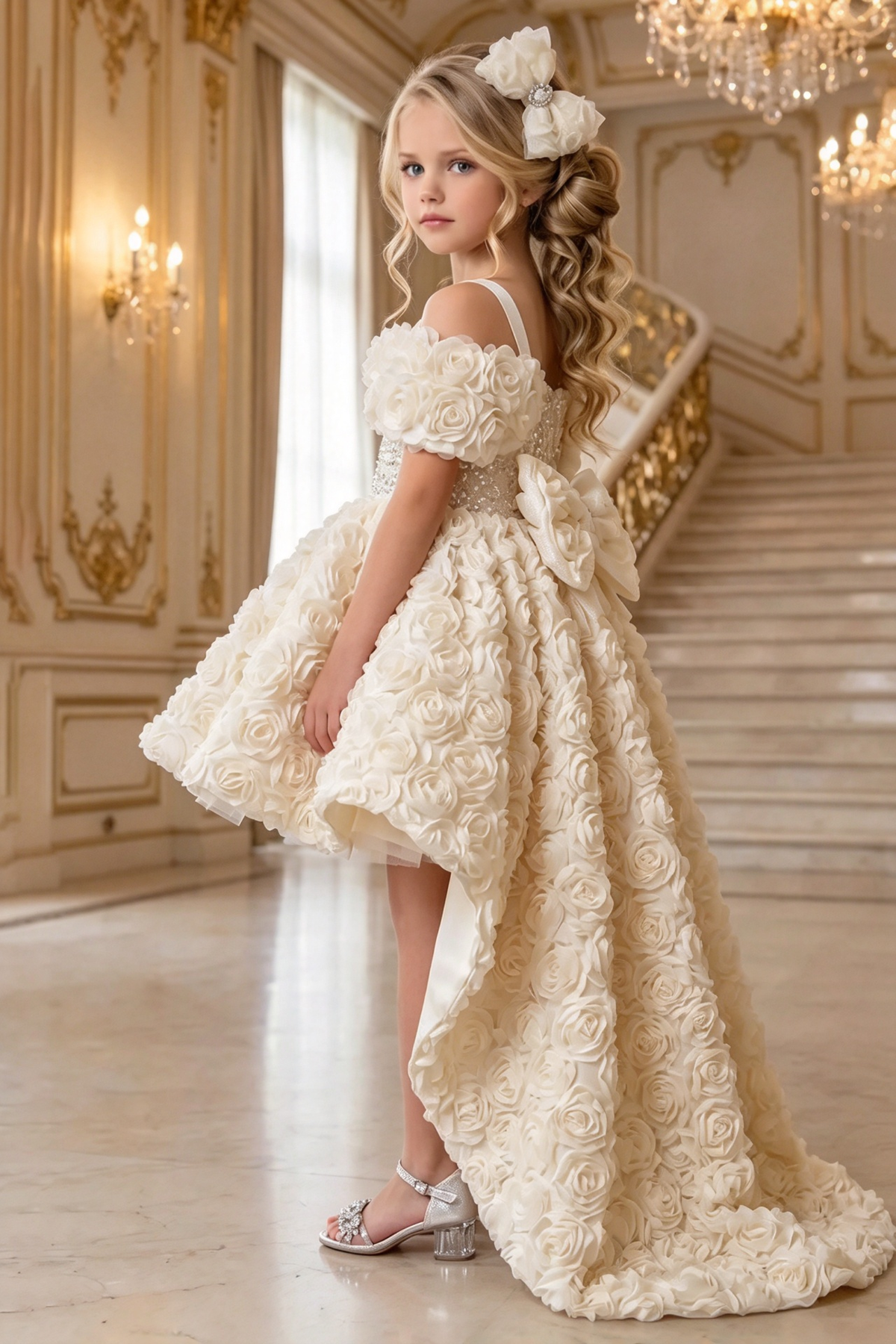 Ivory 3D Rose Off Shoulder Sequin High Low A-Line Dress