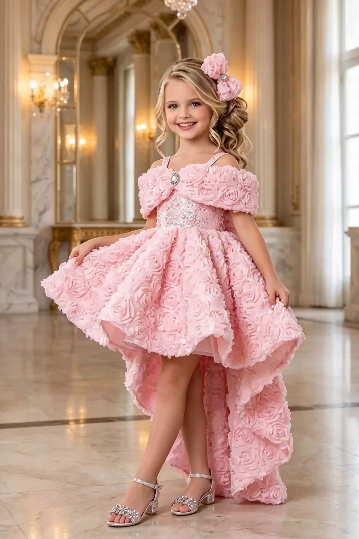 Ivory 3D Rose Off Shoulder Sequin High Low A-Line Dress