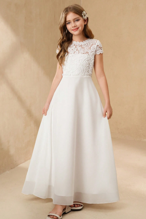 White Lace Chiffon Short Sleeve Bow Back A-Line Dress