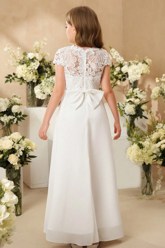 White Lace Chiffon Short Sleeve Bow Back A-Line Dress