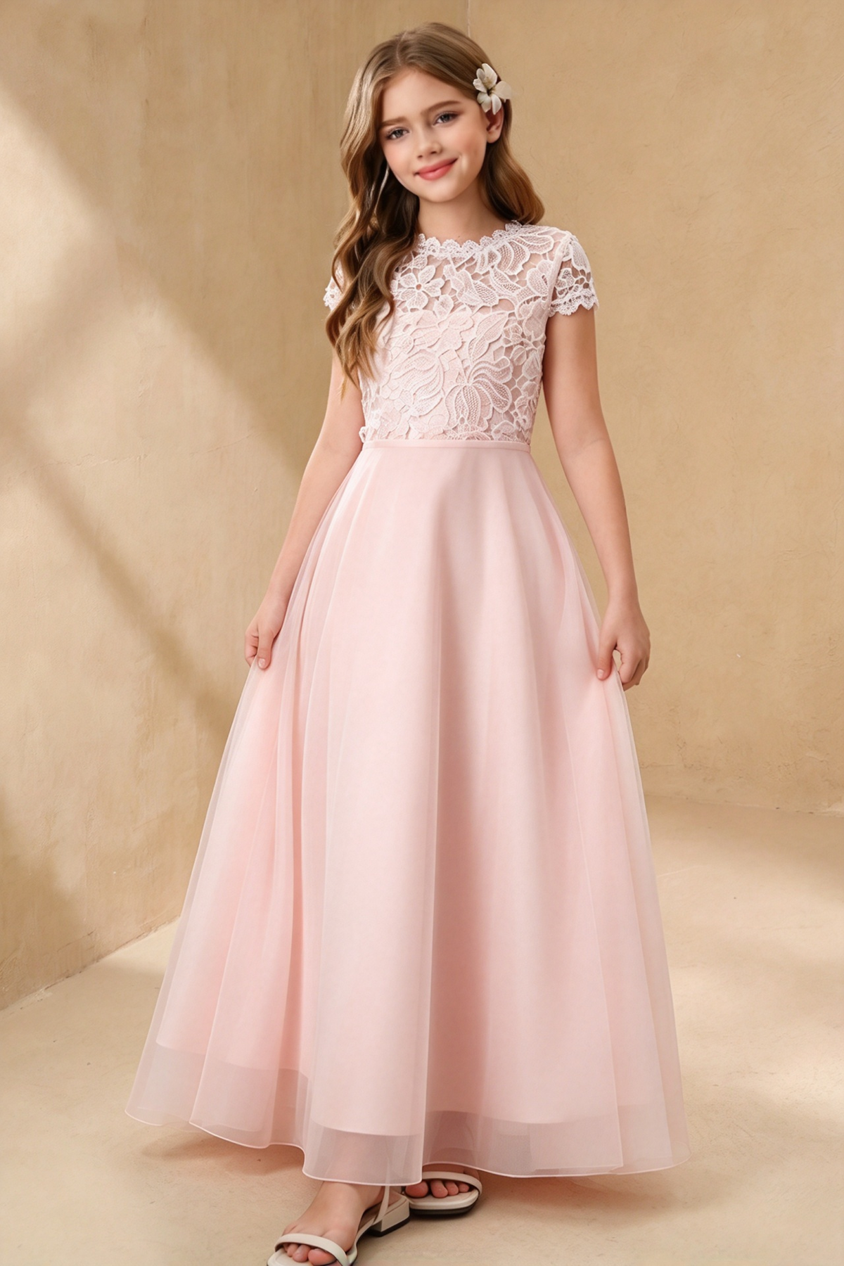 White Lace Chiffon Short Sleeve Bow Back A-Line Dress