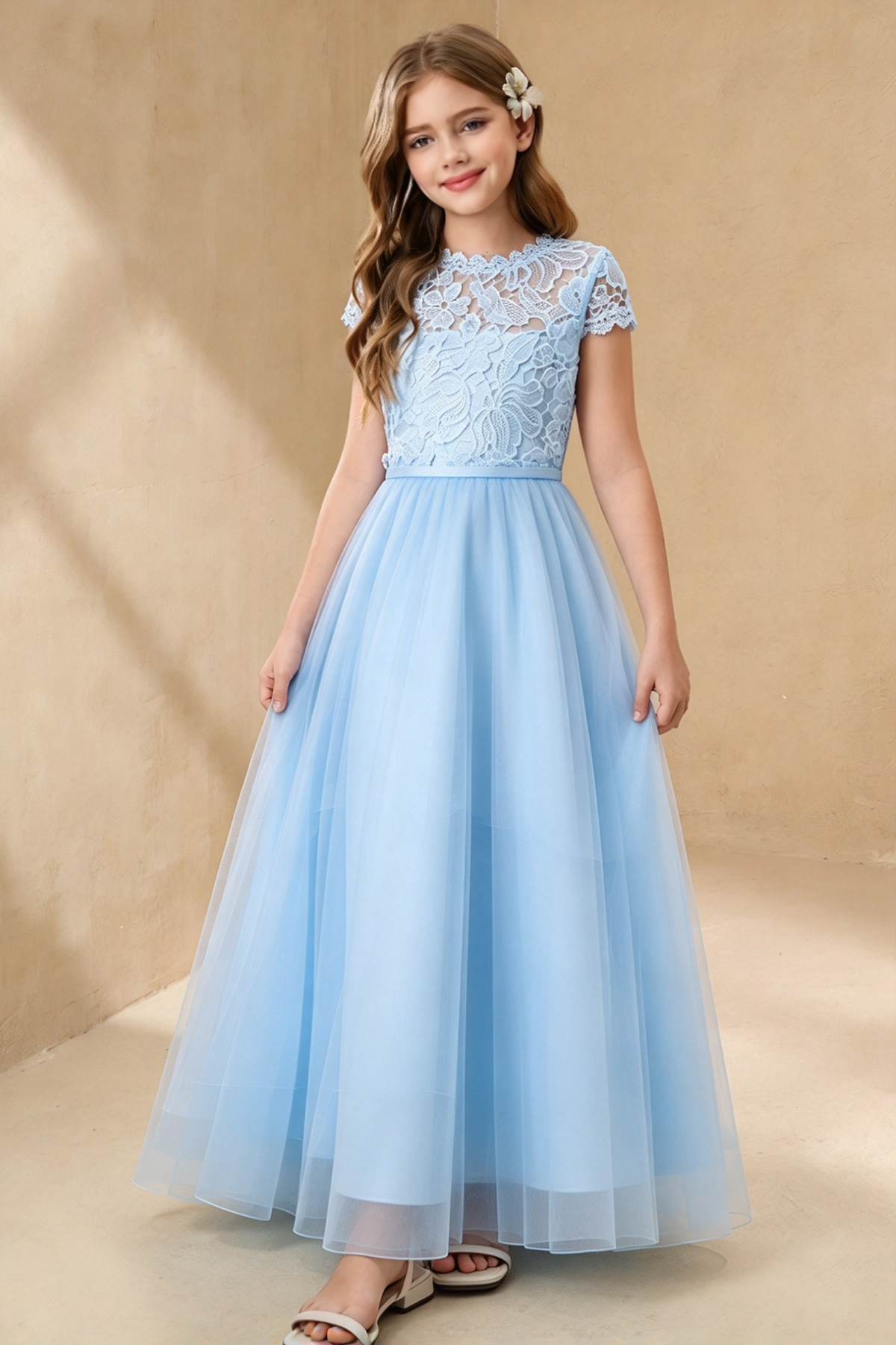 White Lace Chiffon Short Sleeve Bow Back A-Line Dress