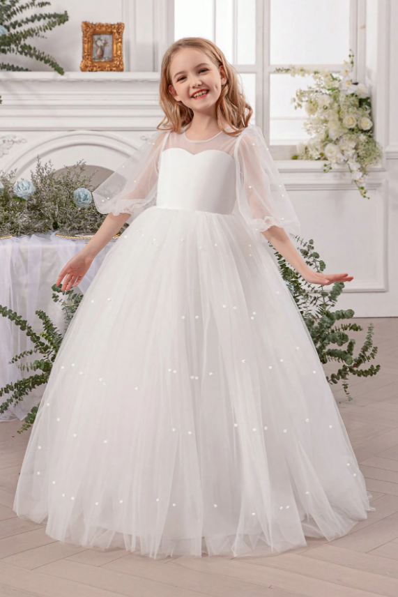 White Pearl Tulle Puff Sleeve Big Bow A-Line Dress