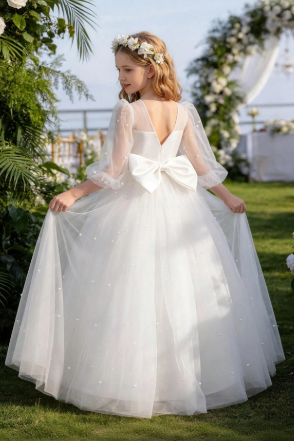 White Pearl Tulle Puff Sleeve Big Bow A-Line Dress