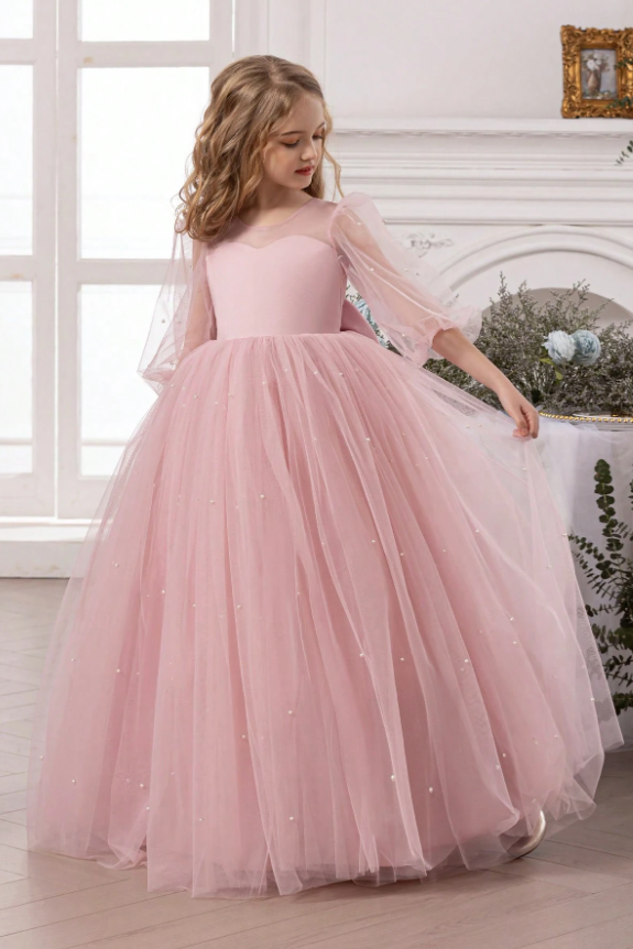 White Pearl Tulle Puff Sleeve Big Bow A-Line Dress