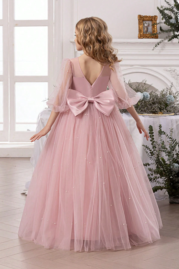 White Pearl Tulle Puff Sleeve Big Bow A-Line Dress