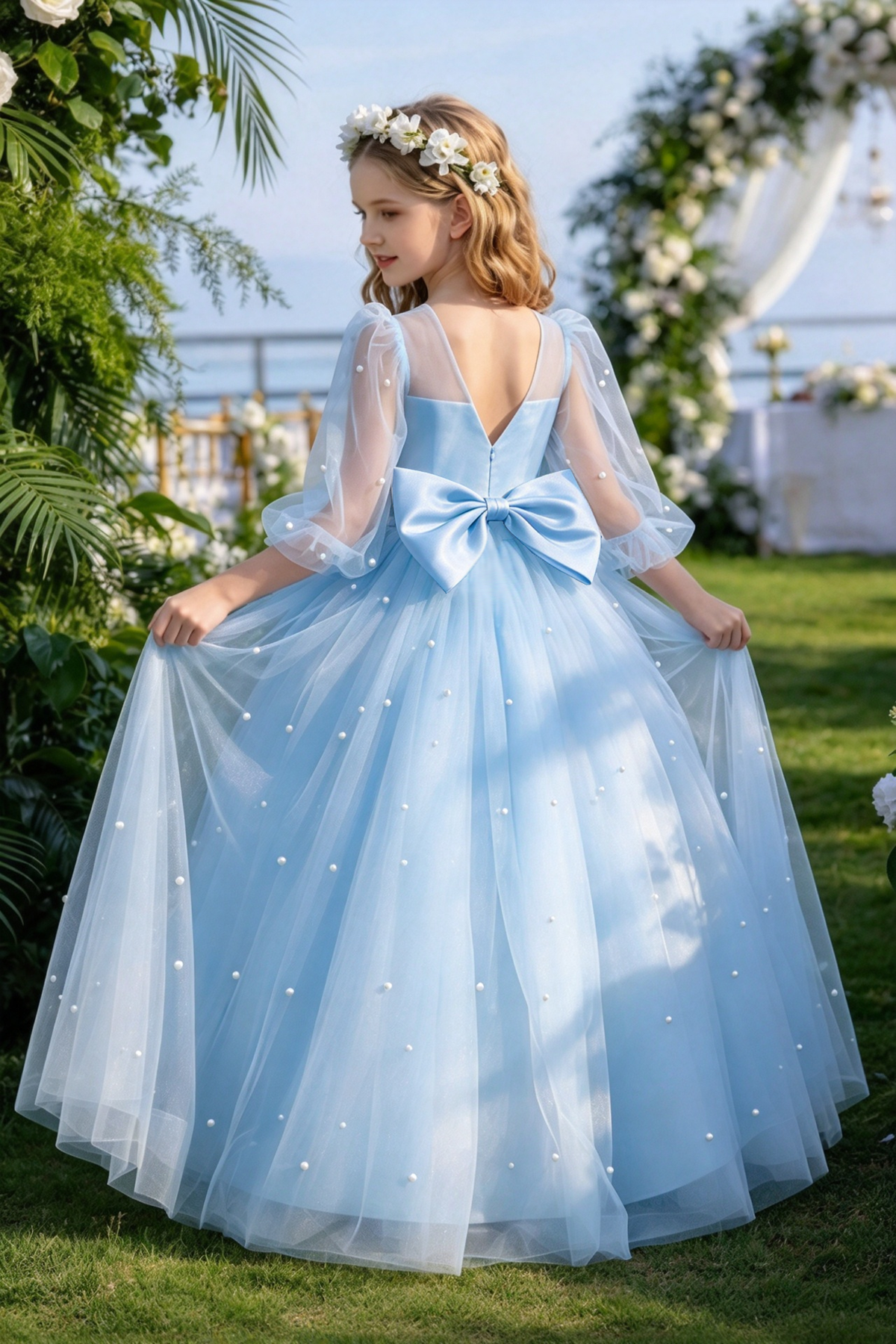 White Pearl Tulle Puff Sleeve Big Bow A-Line Dress