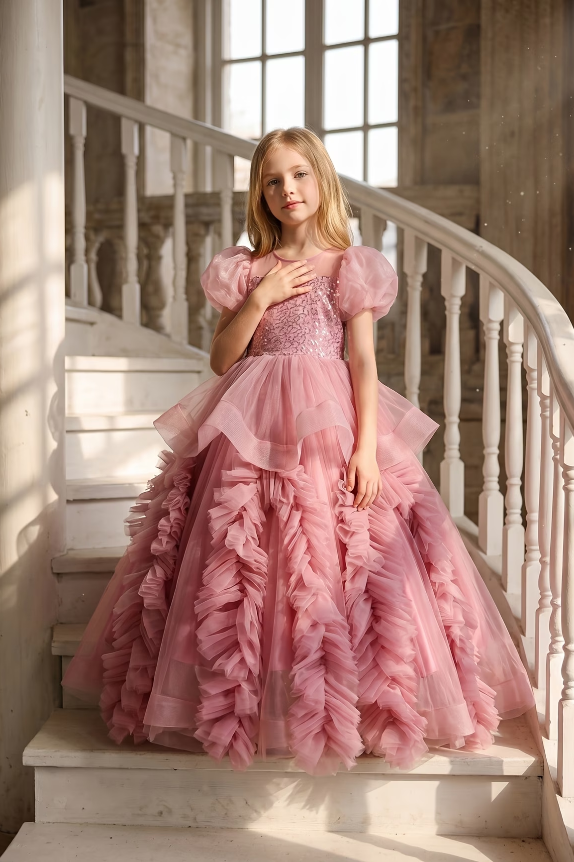 Pink Sequin Tulle Puff Sleeve Ruffled A-Line Dress