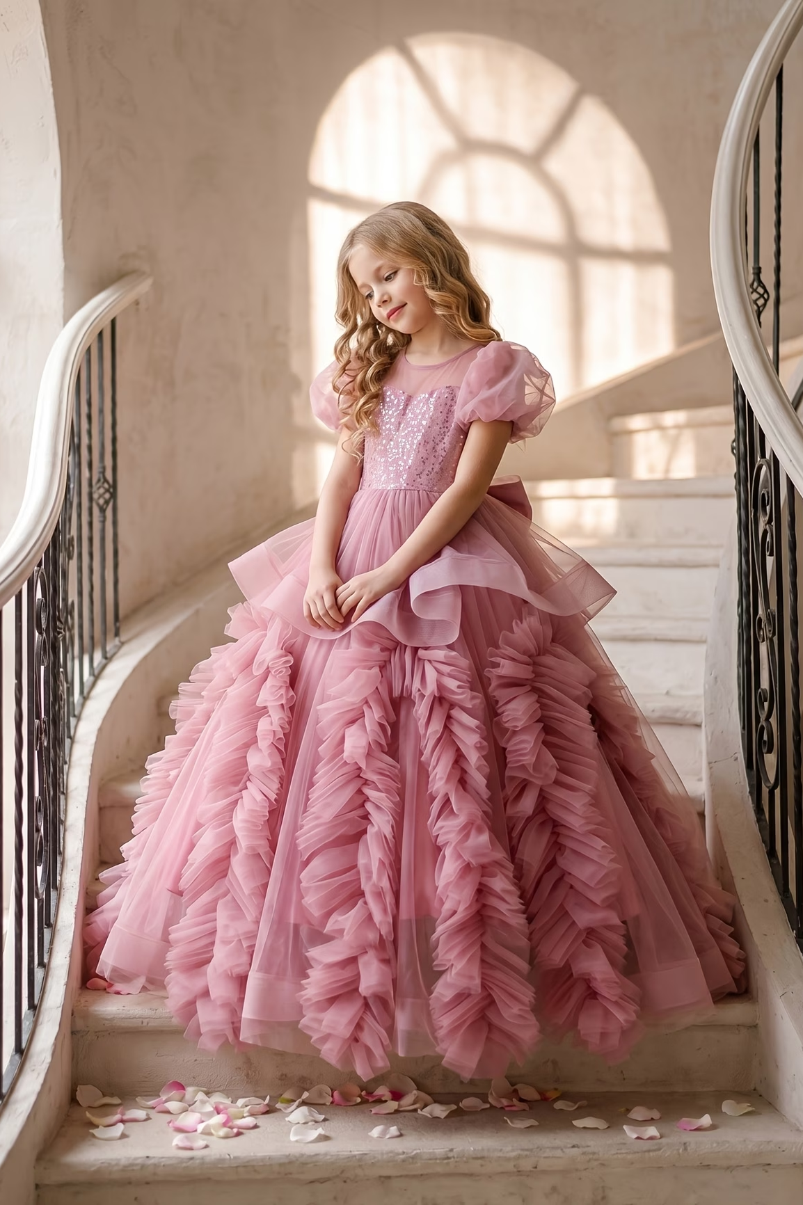 Pink Sequin Tulle Puff Sleeve Ruffled A-Line Dress