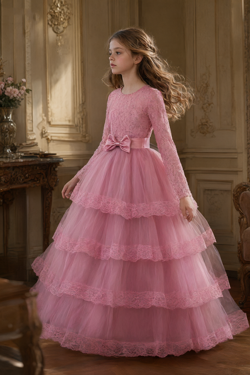 Girls Pink Lace Tulle Gown for Weddings