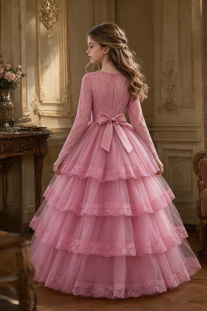 Girls Pink Lace Tulle Gown for Weddings