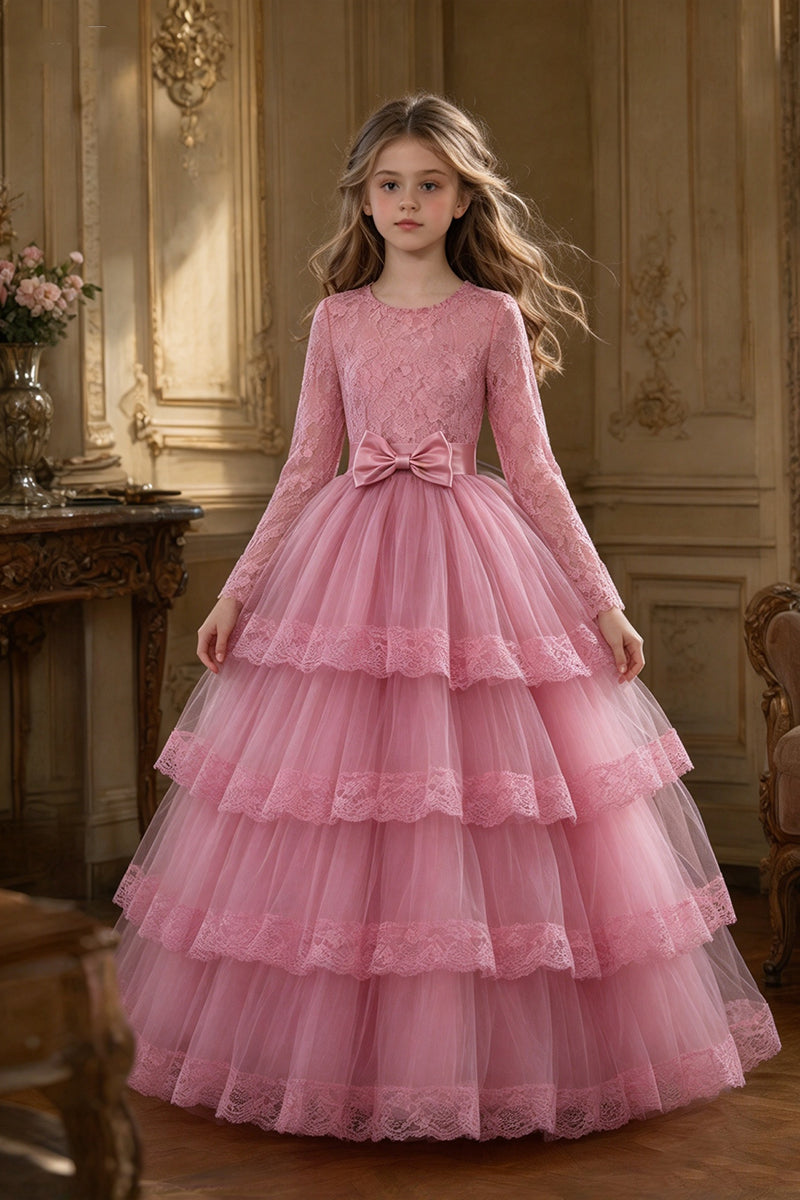 Girls Pink Lace Tulle Gown for Weddings