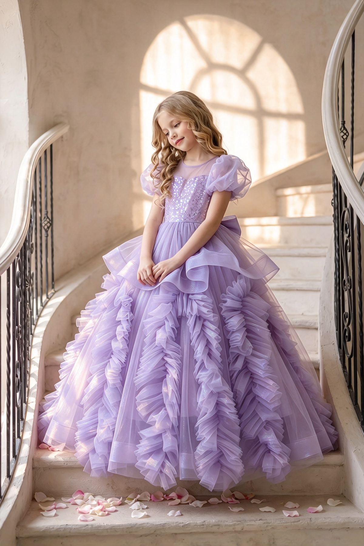 Pink Sequin Tulle Puff Sleeve Ruffled A-Line Dress