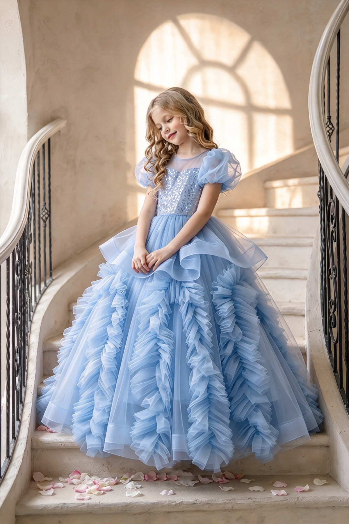 Pink Sequin Tulle Puff Sleeve Ruffled A-Line Dress