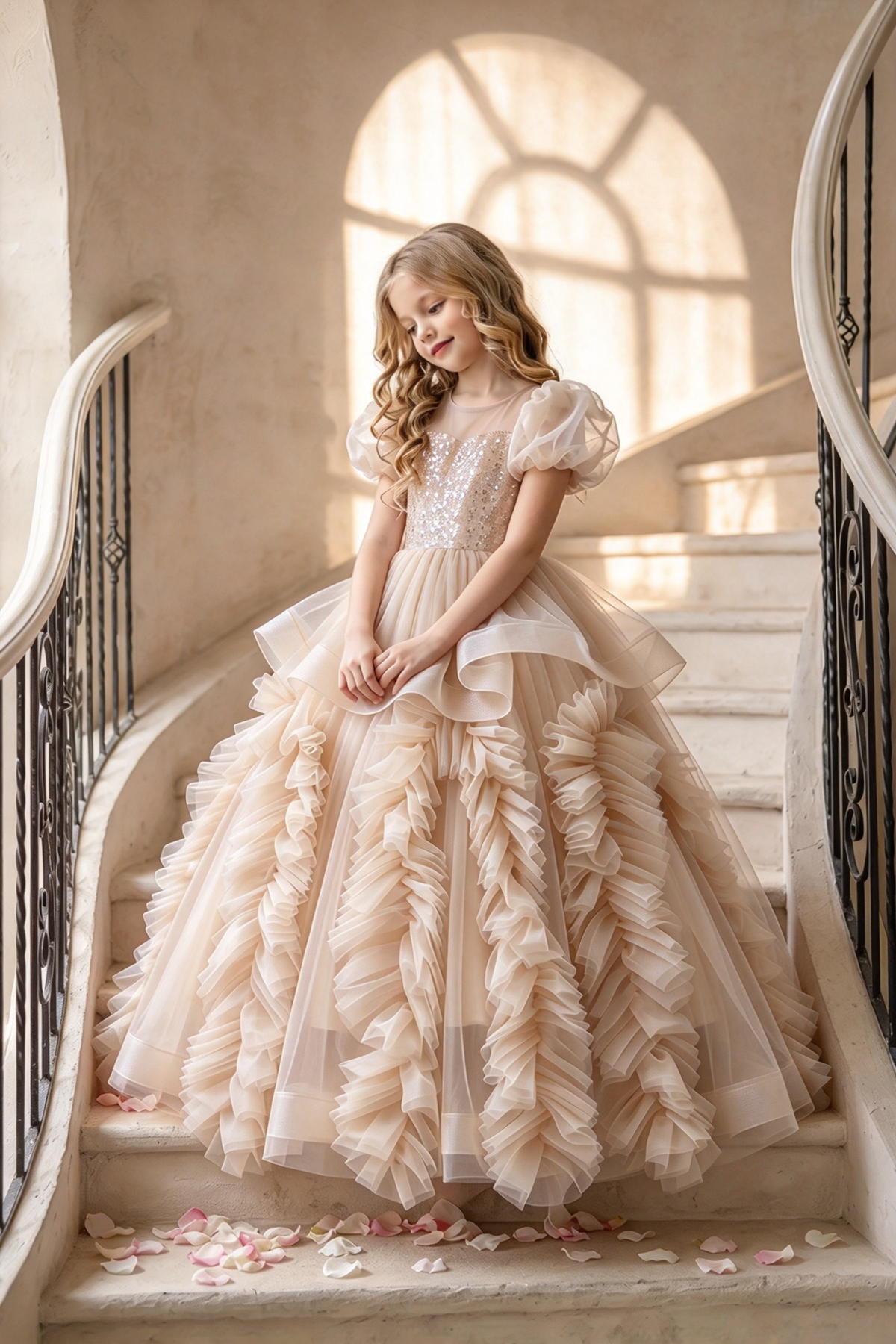 Pink Sequin Tulle Puff Sleeve Ruffled A-Line Dress