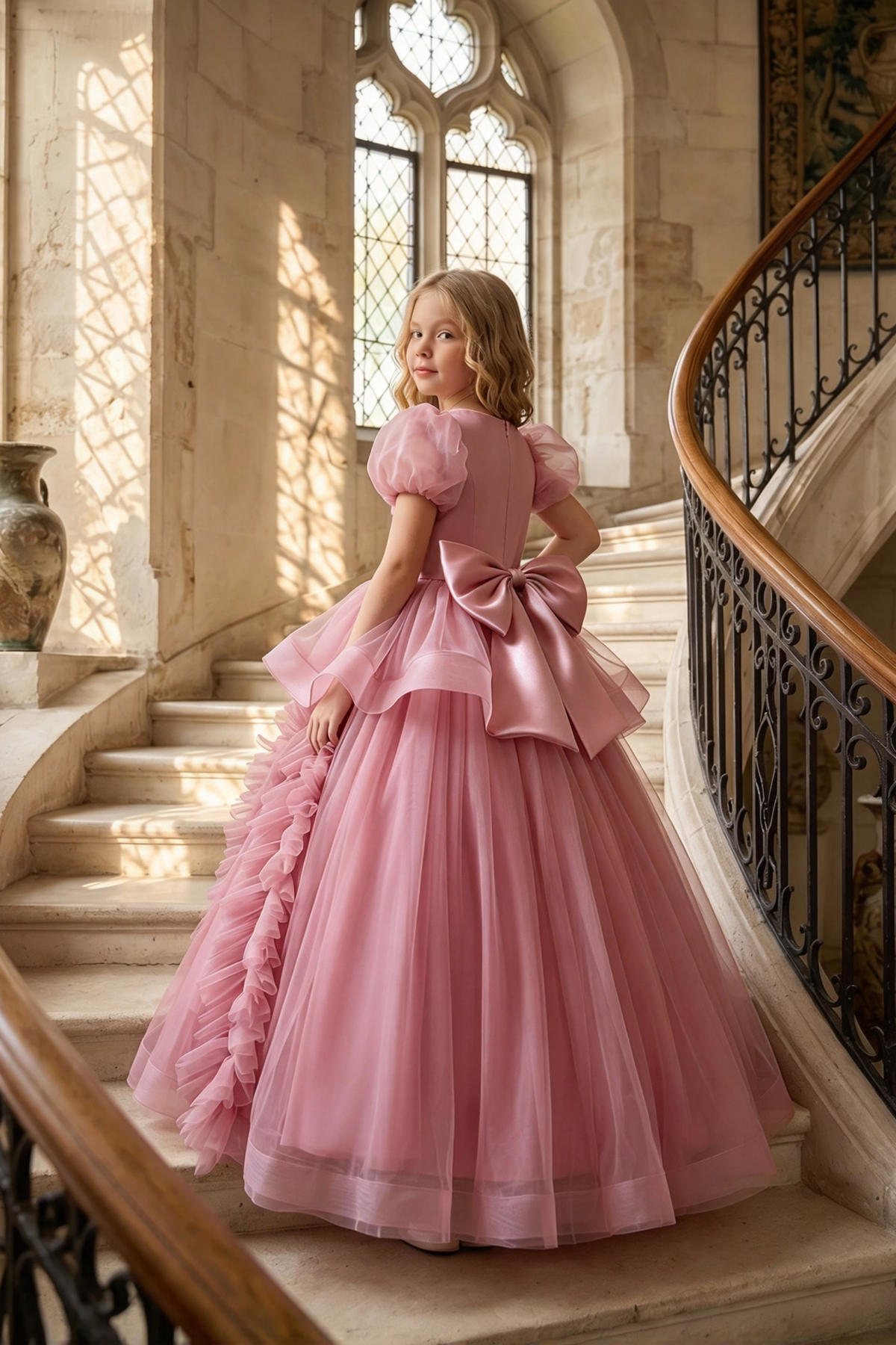 Pink Sequin Tulle Puff Sleeve Ruffled A-Line Dress