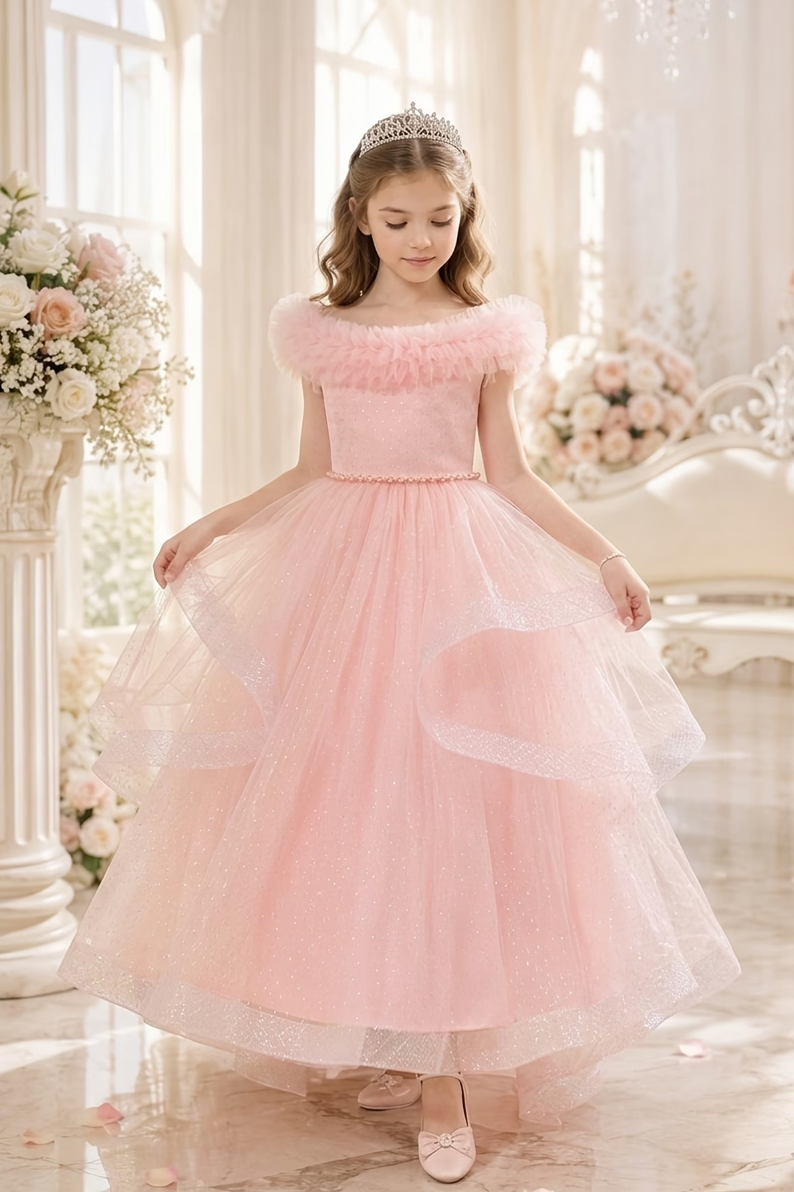 Light Pink Off Shoulder Sparkle Tulle Layered A-Line Dress