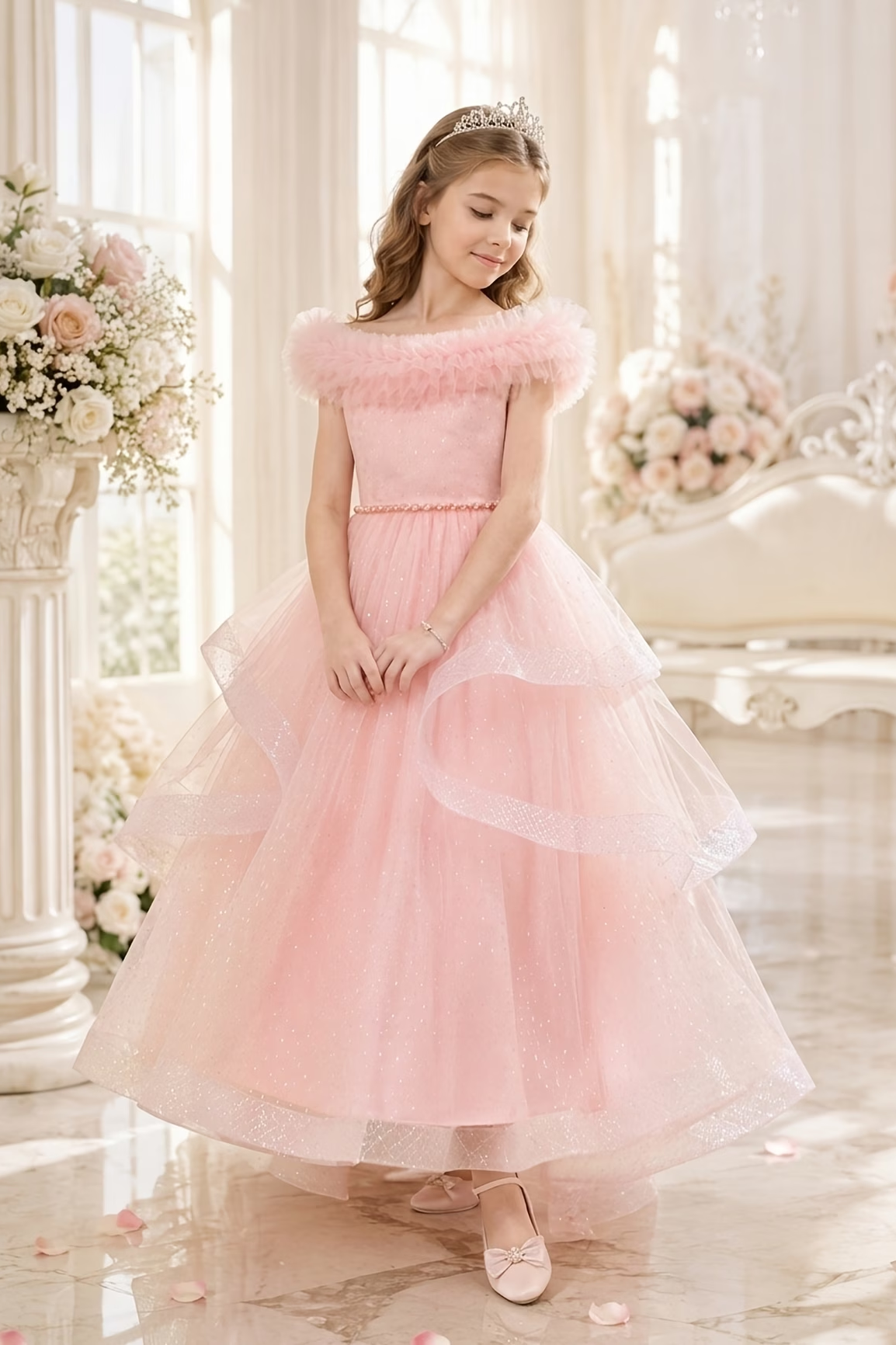 Light Pink Off Shoulder Sparkle Tulle Layered A-Line Dress