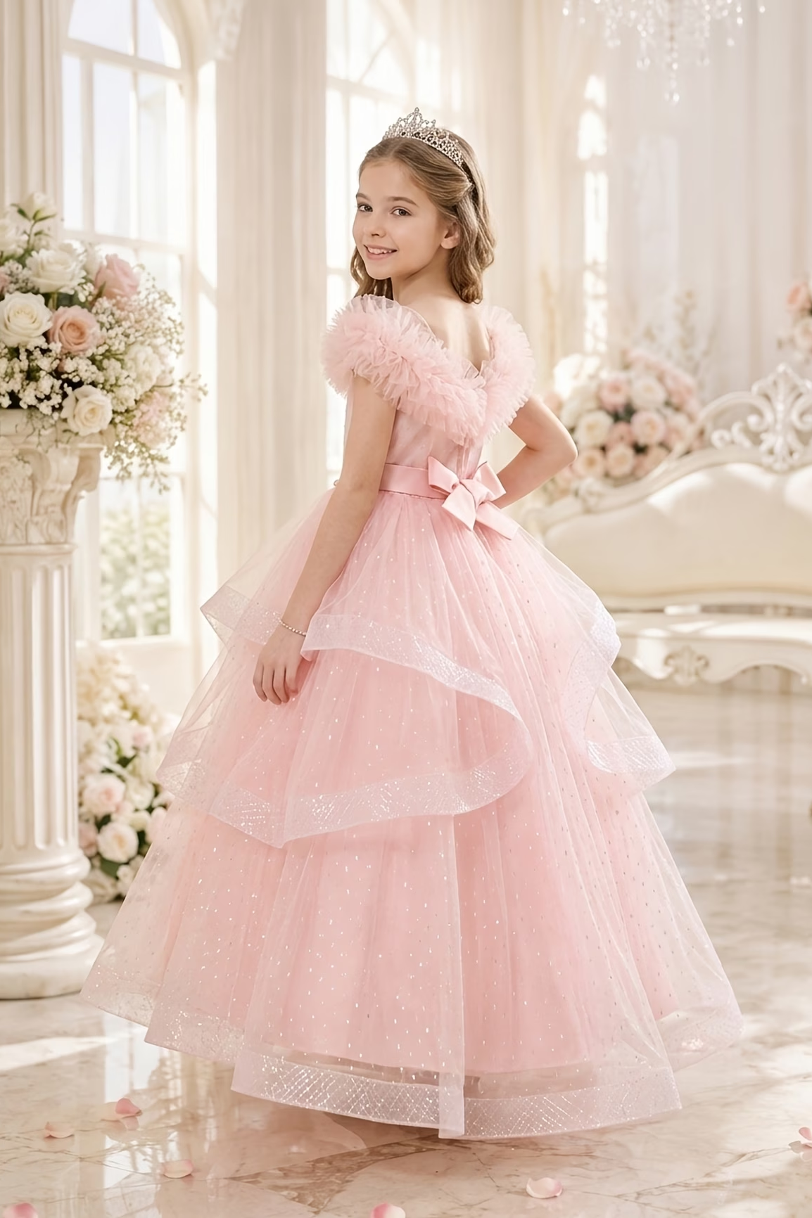 Light Pink Off Shoulder Sparkle Tulle Layered A-Line Dress
