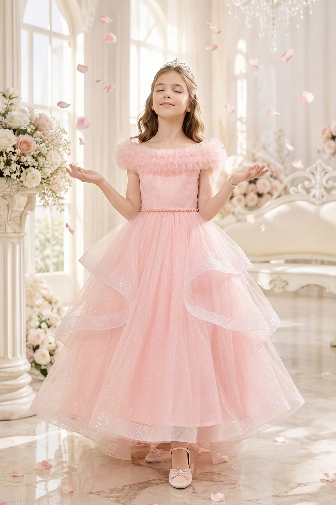 Light Pink Off Shoulder Sparkle Tulle Layered A-Line Dress