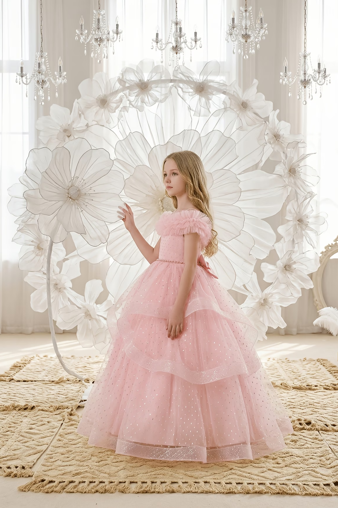 Light Pink Off Shoulder Sparkle Tulle Layered A-Line Dress
