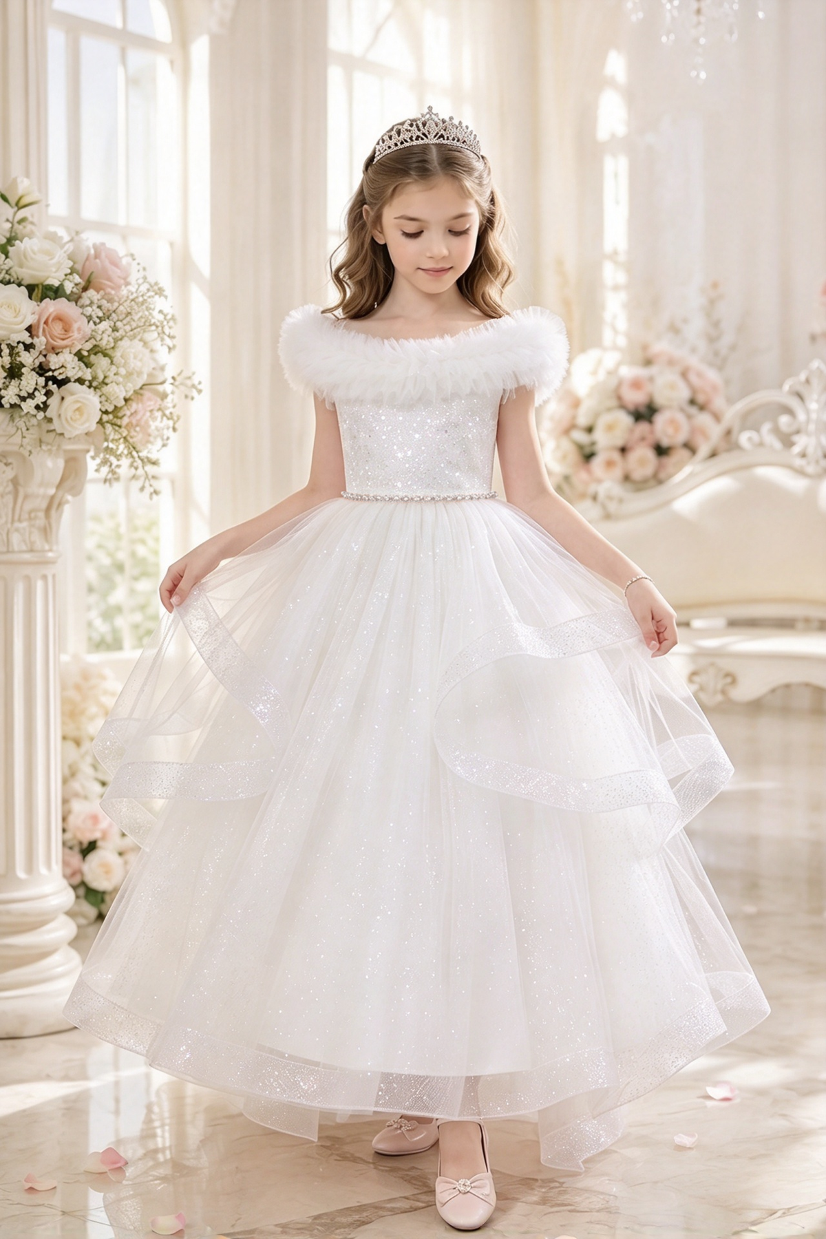 Light Pink Off Shoulder Sparkle Tulle Layered A-Line Dress