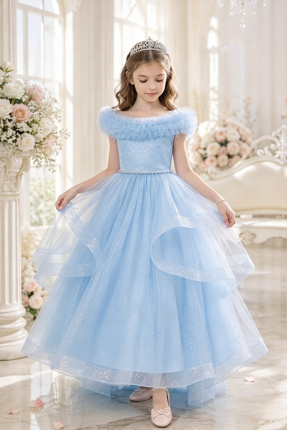 Light Pink Off Shoulder Sparkle Tulle Layered A-Line Dress