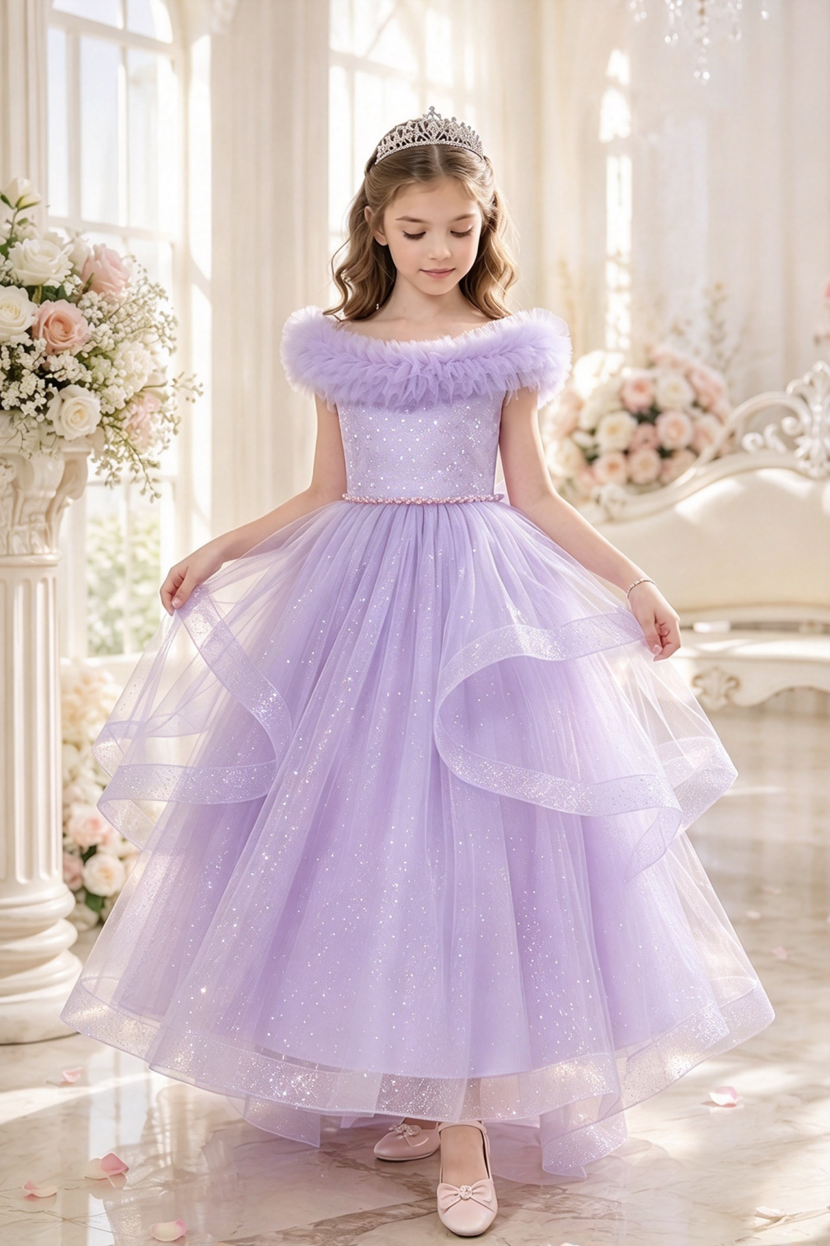 Light Pink Off Shoulder Sparkle Tulle Layered A-Line Dress
