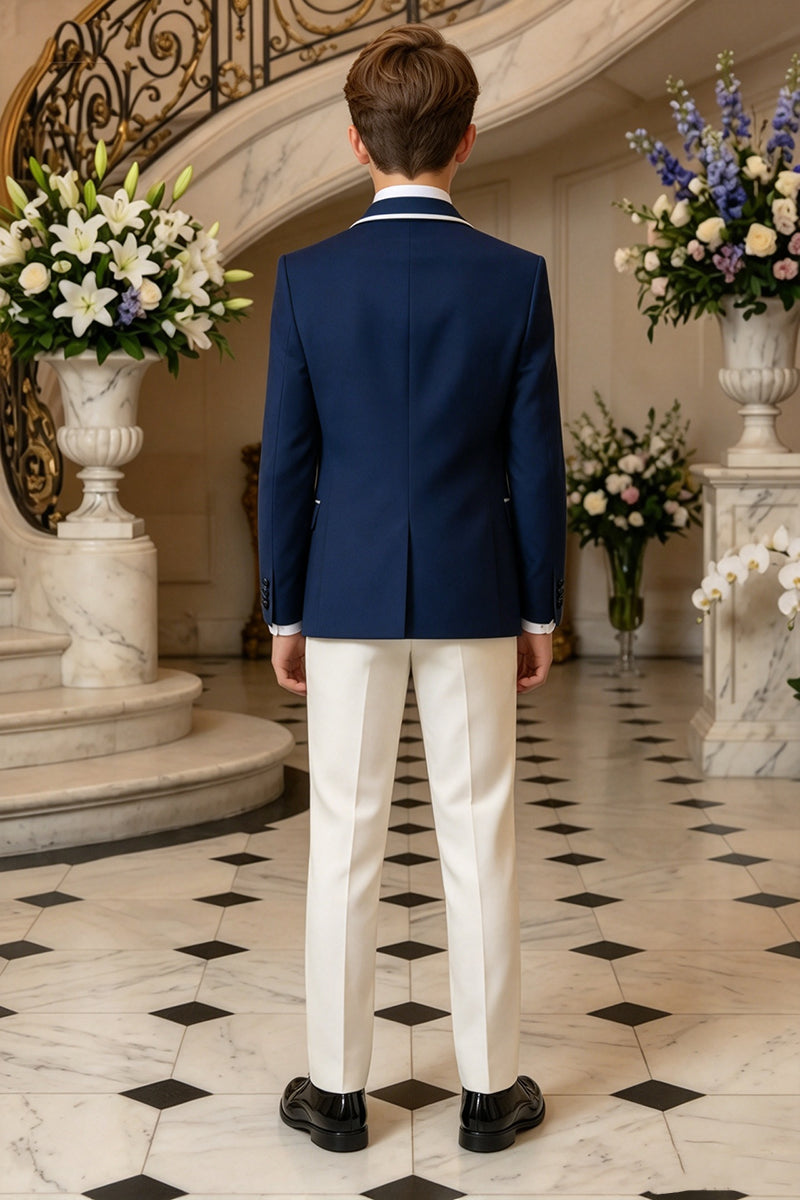 Boys Navy with White Trim Shawl Lapel 3-Piece Suit