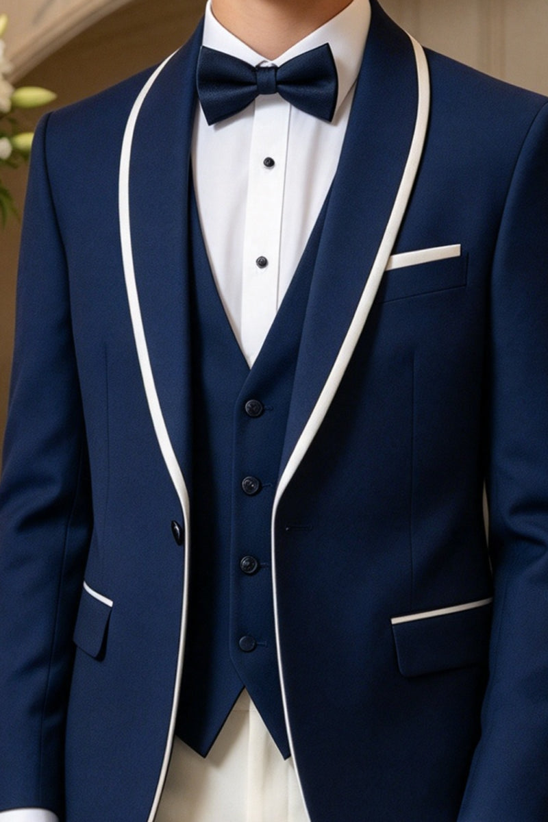 Boys Navy with White Trim Shawl Lapel 3-Piece Suit