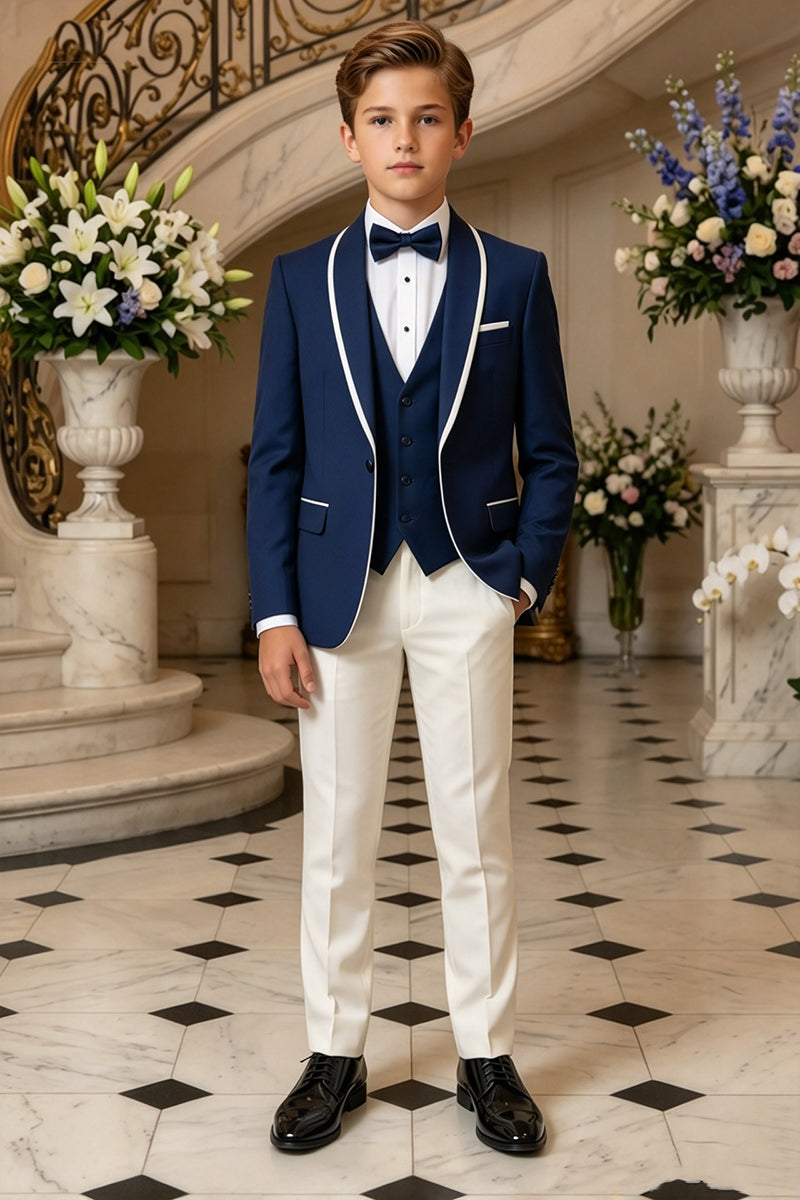 Boys Navy with White Trim Shawl Lapel 3-Piece Suit