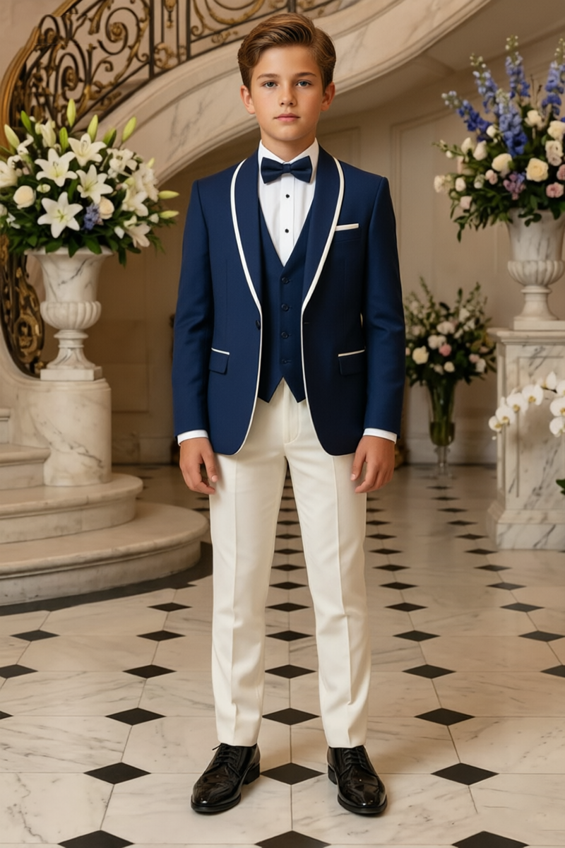 Boys Navy with White Trim Shawl Lapel 3-Piece Suit