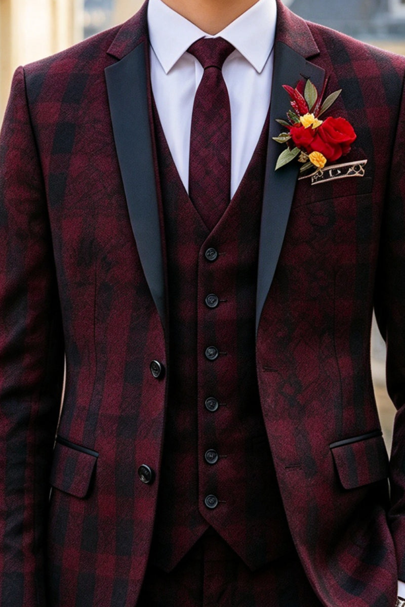 Boys Burgundy Plaid 3-Piece Suit