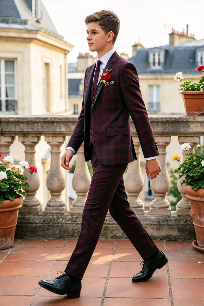 Boys Burgundy Plaid 3-Piece Suit