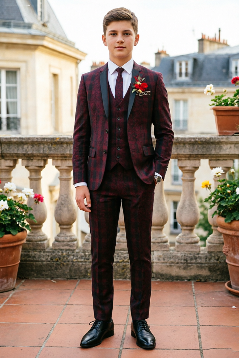 Boys Burgundy Plaid 3-Piece Suit