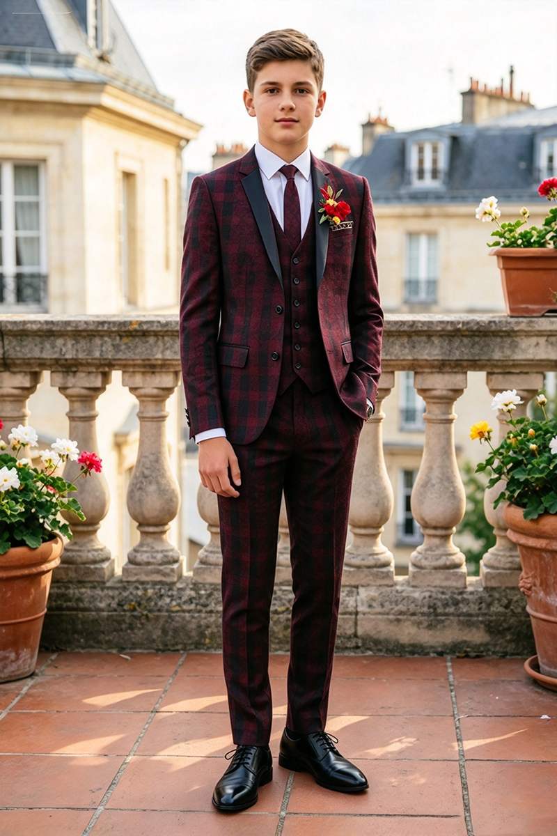 Boys Burgundy Plaid 3-Piece Suit