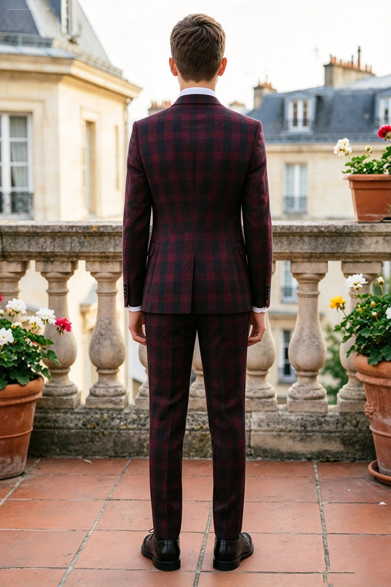 Boys Burgundy Plaid 3-Piece Suit