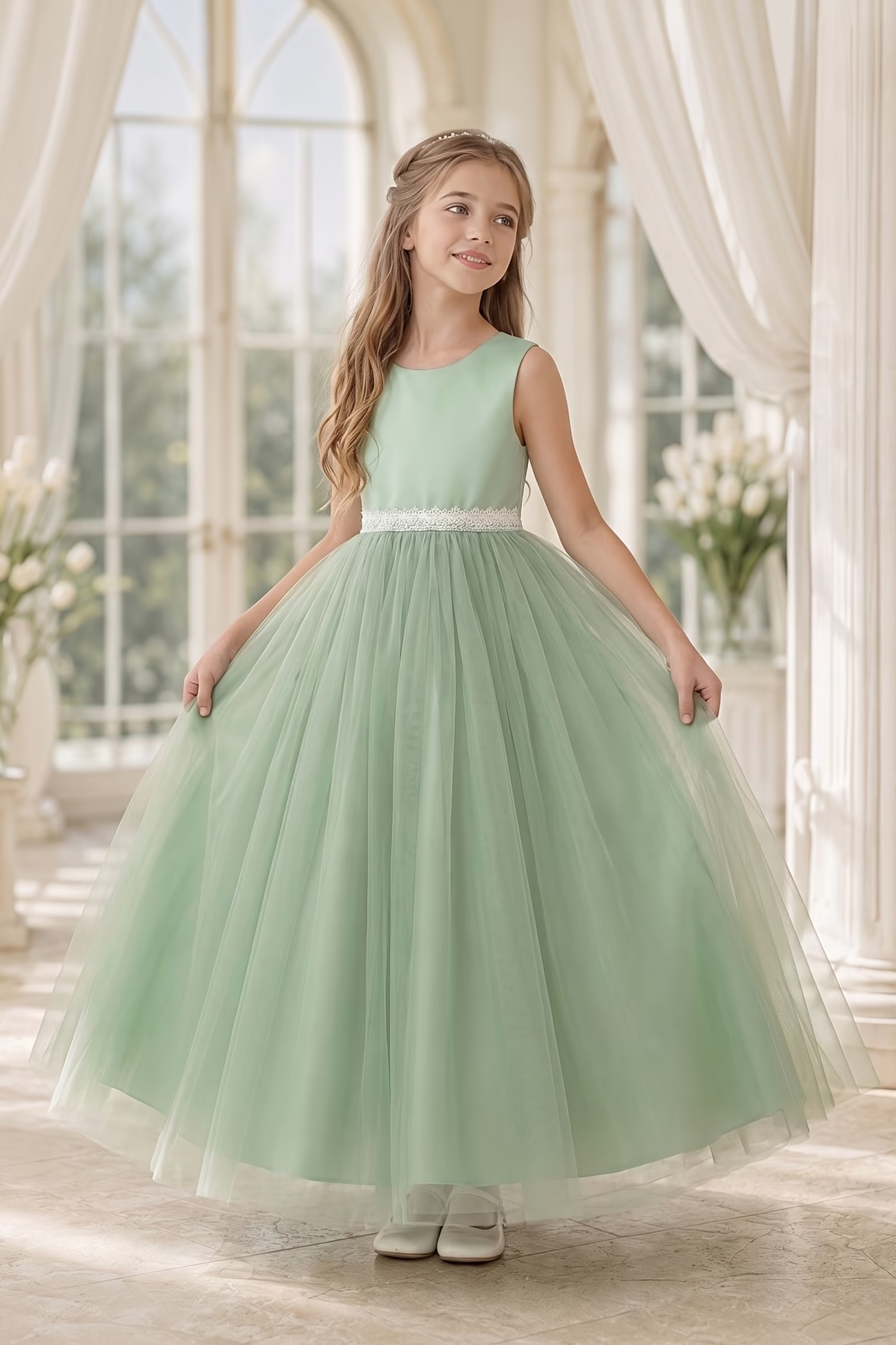 Green Sleeveless Round Neck White Lace Waist Tulle A-Line Dress