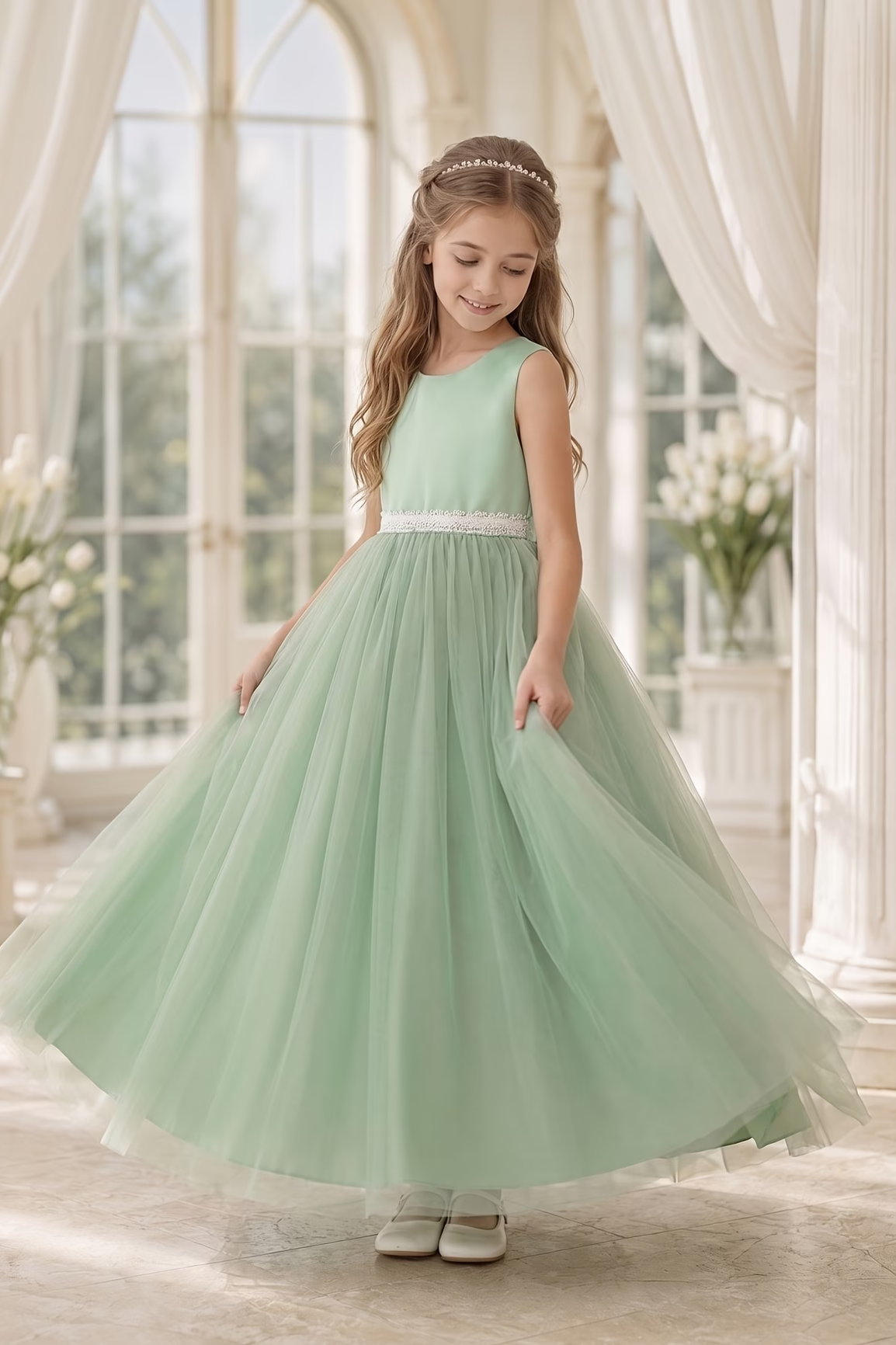 Green Sleeveless Round Neck White Lace Waist Tulle A-Line Dress