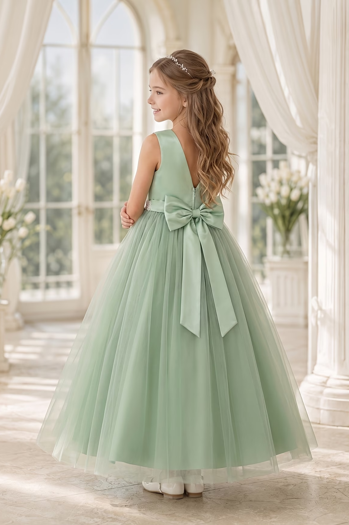Green Sleeveless Round Neck White Lace Waist Tulle A-Line Dress