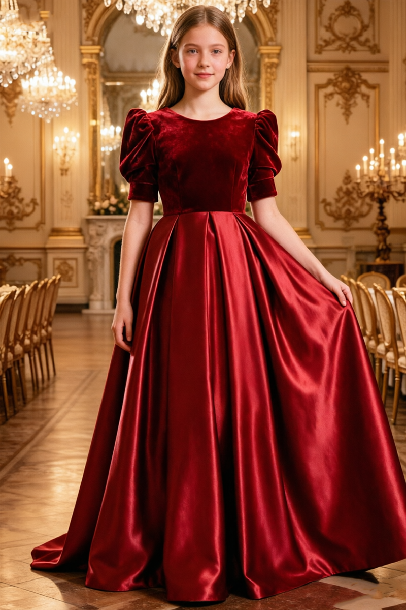Girls Burgundy Velvet Satin Gown for Weddings